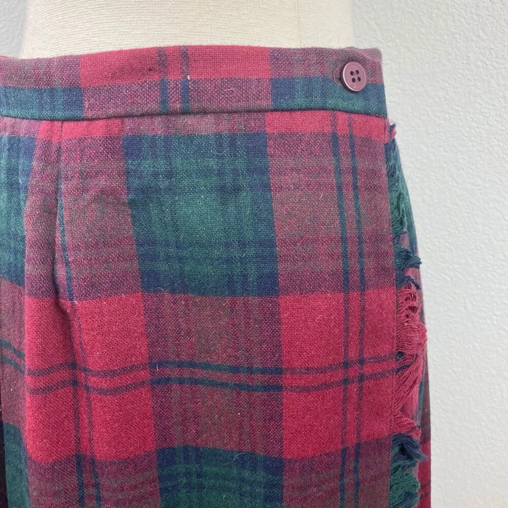 Vintage Copley Square Wool Pleated Wrap Skirt Fringe Side10 Red Green Plaid
